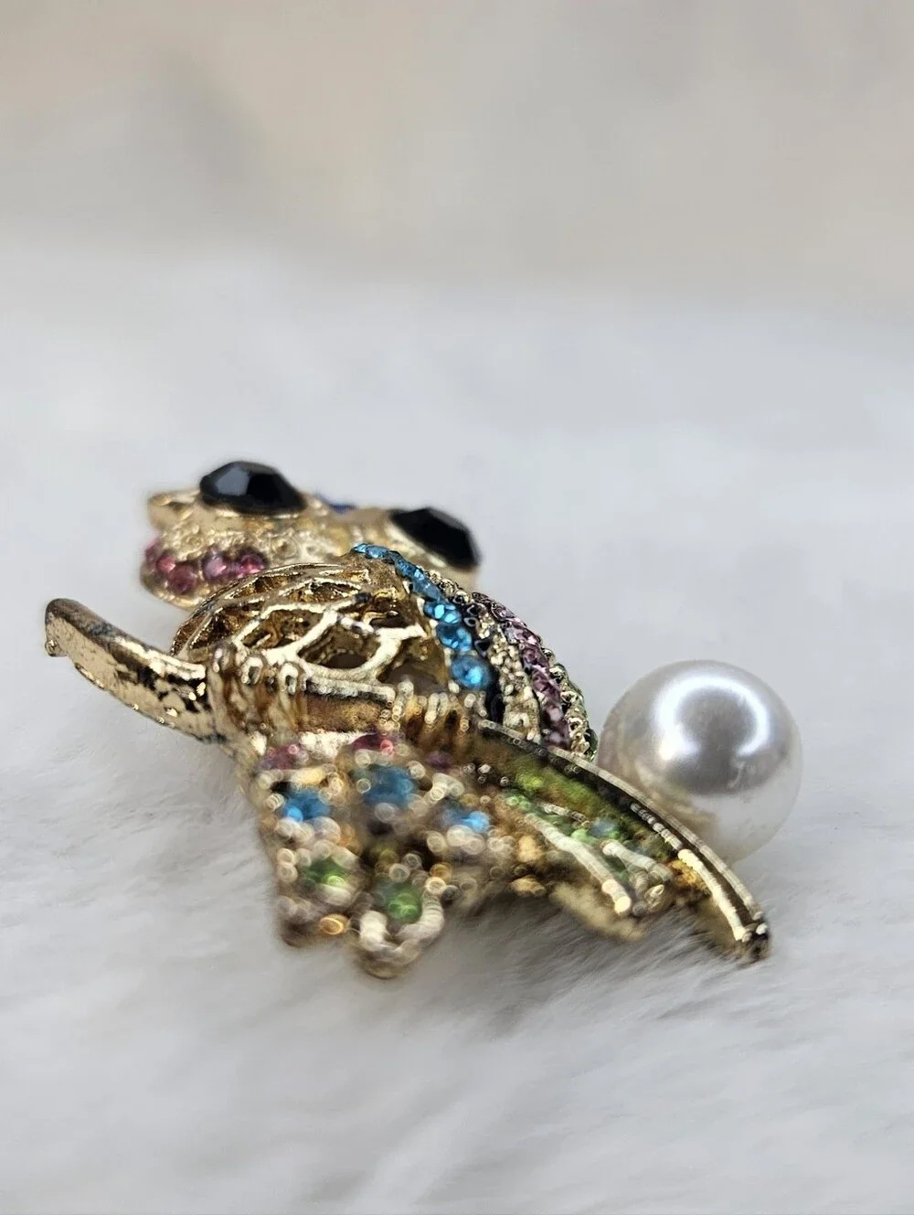Gold-Tone Multicolor Crystal Owl Brooch with Pearl Accent